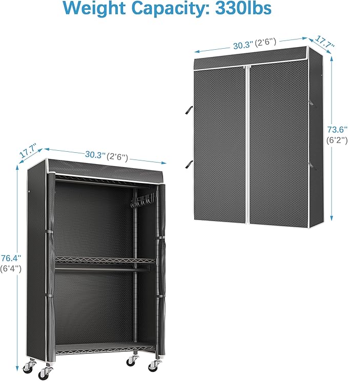 VIPEK R2C Medium Heavy Duty Clothes Rack Rolling Garment Rack with Cover Adjustable Clothing Rack for Hanging Clothes Portable Closets with Double Rods, Black Rack with Black Upgarded Polyester Cover