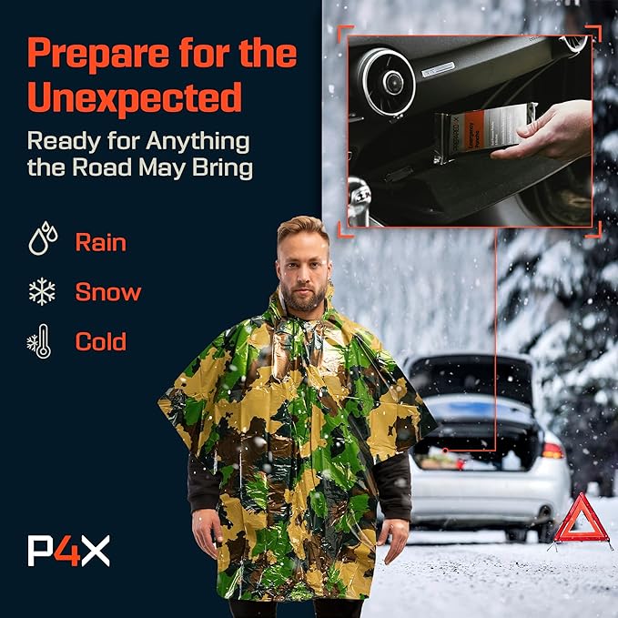 PREPARED4X Emergency Poncho and Mylar Blanket Liner - Waterproof, Wind-Resistant Outdoor Rain Poncho for Camping, Emergencies