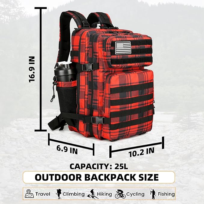 25L Tactical Backpack for Men and Women Military Backpack Small Assault Pack Molle Backpack Bug Out Bag Travel Rucksack Daypack (Red Plaid)