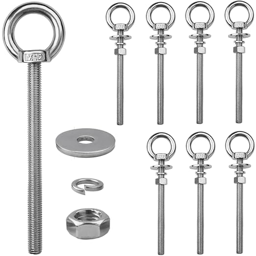 8 Pack M12 Stainless Steel Eye Bolts with Nuts, 1/2" x 6" Long Lifting Ring Eye Bolt， Eye Bolts Heavy Duty for Hang Tie Down Outdoor (8, M12x153mm (1/2"x6"))
