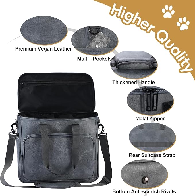 Dog Travel Bag, Leather Travel Pet Bag Set for Dog and Cat, Airline Approved Tote Organizer with Multi-Function Pockets, 2 Food Storage Containers, 2 Collapsible Bowls