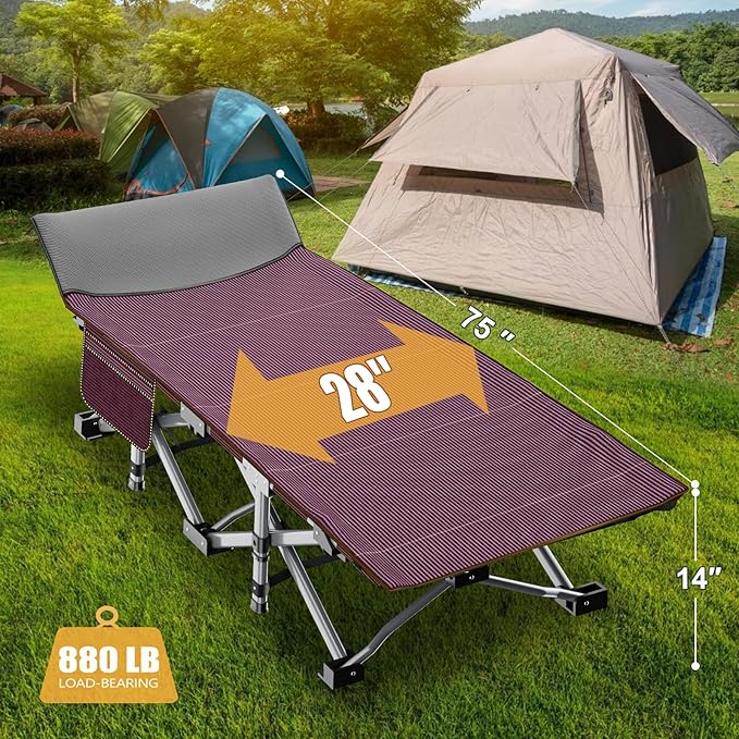 ABORON Camping Cot for Adult 28" Extra Wide, 2PK Heavy-Duty 1200D Oxford Cot for Sleeping, Portable Folding Camp Bed with Mat & Carry Bag