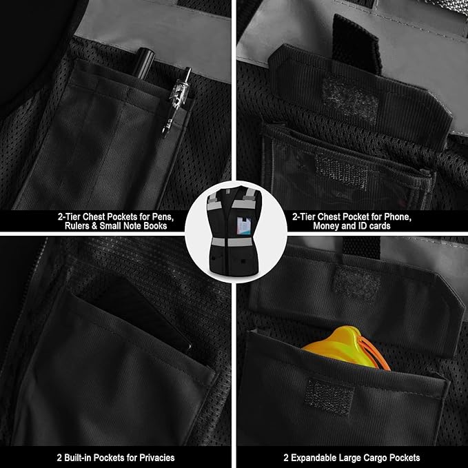TCCFCCT Women High Visibility Vest 11 Pockets Snug-Fit Reflective Safety Vest with Reinforced Zipper, Neon Construction Work Vest for Lady Contractors/Surveyors/Workers, Durable,Meets ANSI, Black L