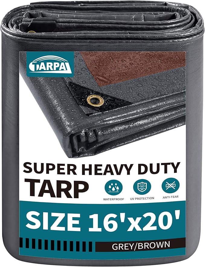TARPAL tarp 16x20 Feet Super Heavy Duty Tarps Cover 20mil Waterproof UV Protection Rip and Tear Proof Tarpaulin with Grommets(Grey/Brown)