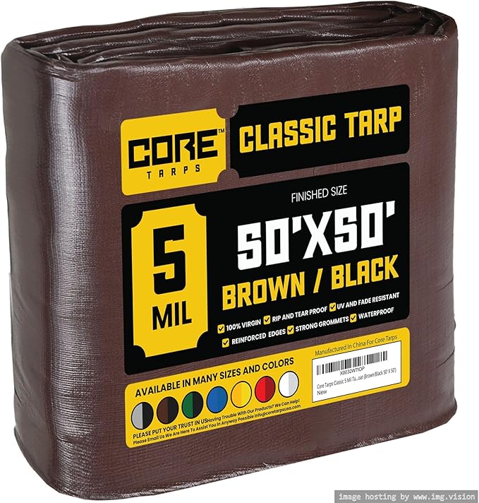 Core Tarps Classic 5 Mil Tarp Cover, Waterproof, UV Resistant, Rip and Tear Proof, Poly Tarpaulin with Reinforced Edges for Roof, Camping, Patio, Pool Cover, Boat (Brown/Black 50′ X 50′)