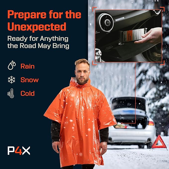 PREPARED4X Emergency Poncho and Mylar Blanket Liner - Waterproof, Wind-Resistant Outdoor Rain Poncho for Camping, Emergencies