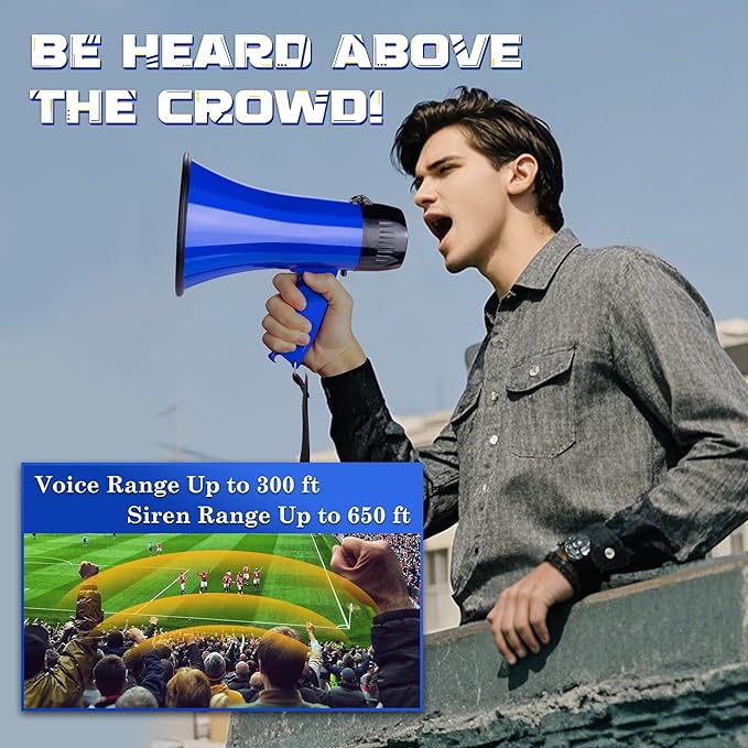 MyMealivos Portable Megaphone Bullhorn 20 Watt Power Megaphone Speaker Voice and Siren/Alarm Modes with Volume Control and Strap (Blue)