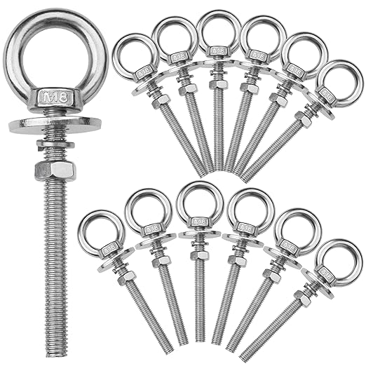 12 Pack M8 Stainless Steel Eye Bolts with Nuts, 5/16" x 3" Long Lifting Ring Eye Bolt， Eye Bolts Heavy Duty for Hang Tie Down Outdoor (12, M8x77mm (5/16"x3"))