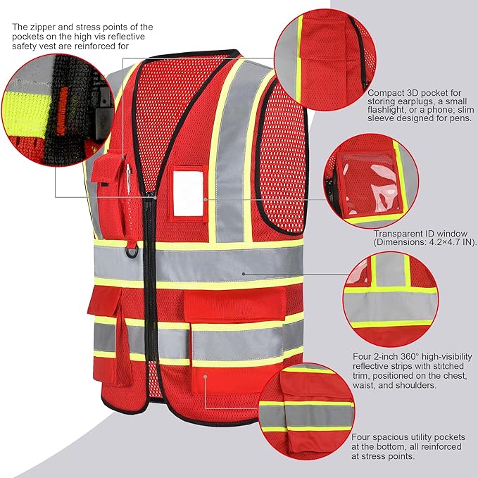 A-SAFETY Mesh High Vis Vest Lightweight Reflective Construction Vest with Pockets Safety Vest for Men/Women