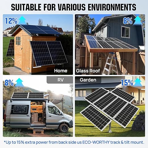 ECO-WORTHY 200 Watt Bifacial Solar Panel 2pcs 100 Watt Monocrystalline Solar Panel Module Off Grid PV Power for Home, Camping, Boat, Shed Farm, RV,12V/24V Battery