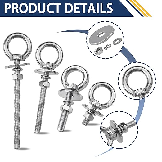 12 Pack M8 Stainless Steel Eye Bolts with Nuts, 5/16" x 2" Long Lifting Ring Eye Bolt， Eye Bolts Heavy Duty for Hang Tie Down Outdoor (12, M8x51mm (5/16"x2"))
