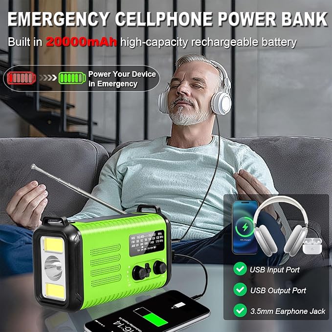 20000mAh/ 74000mWh Emergency Hand Crank Radio, AM/FM/NOAA Portable Weather Radio, Battery Powered Solar Radios with USB Phone Charger, Reading Lamp Flashlight & SOS for Emergency/Hurricane/Home