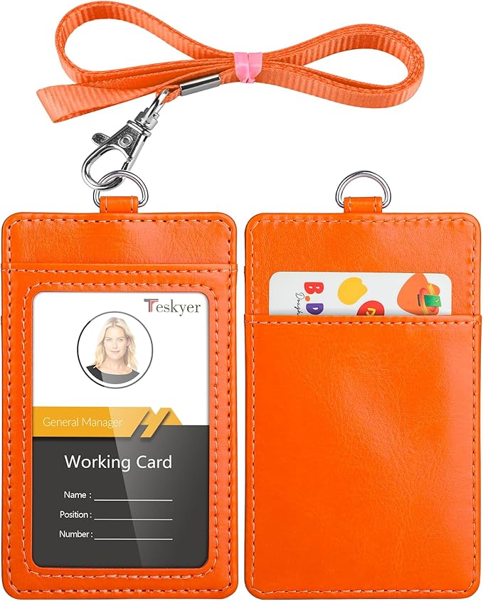 Teskyer Badge Holder with Lanyard, Leather ID Name Badge Card Holder with Lanyard for ID Badges, Vertical, Bright Orange