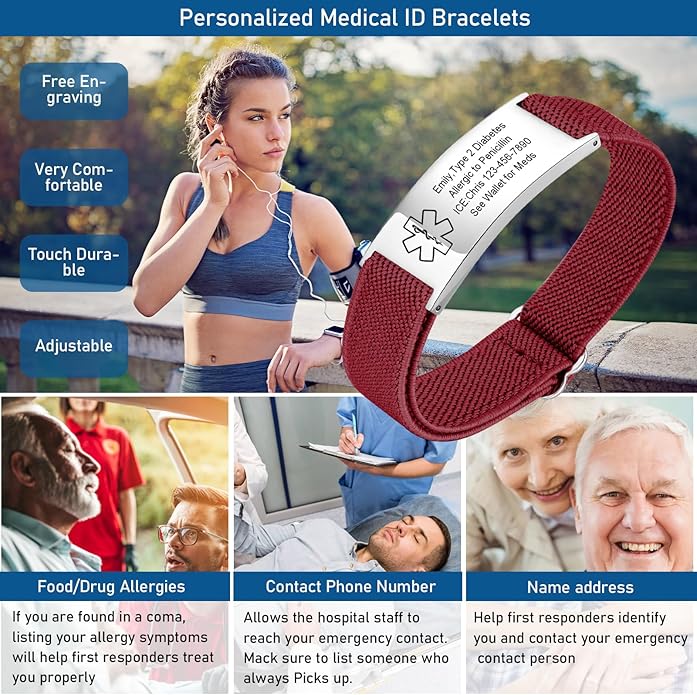 VNOX Medical Alert Bracelets for Men & Women Kids with Free Engraving Adjustable Stainless Steel Mesh Emergency Medical ID Bracelets Wristband