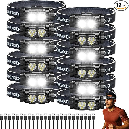Bud K 12pack Headlamp Rechargeable, 5000L Super Bright Light LED Rechargeable Headlight, 3 Modes, Detachable Flashlight & Waterproof Head Lamp for Adult, Running, Outdoor, Emergency, Hard Hat Light