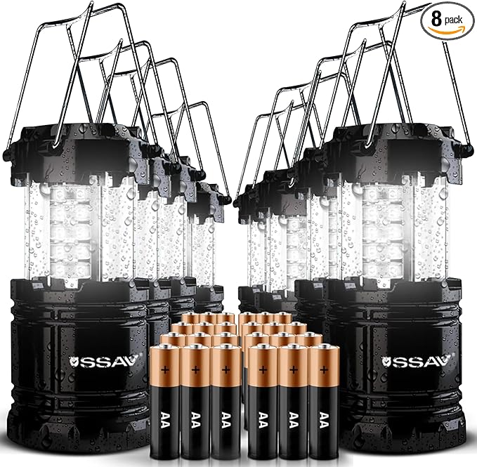 8 Pack LED Camping Lantern, LED Lanterns, Suitable Survival Kits for Hurricane, Emergency Light for Storm, Outages, Outdoor Portable Lanterns, Black, Collapsible | Batteries Included