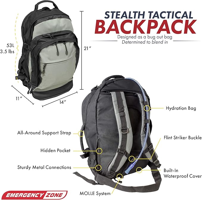 Emergency Zone 5 Person Survival Kit - 53L Backpack with Food, Water, Emergency Guidebook & More