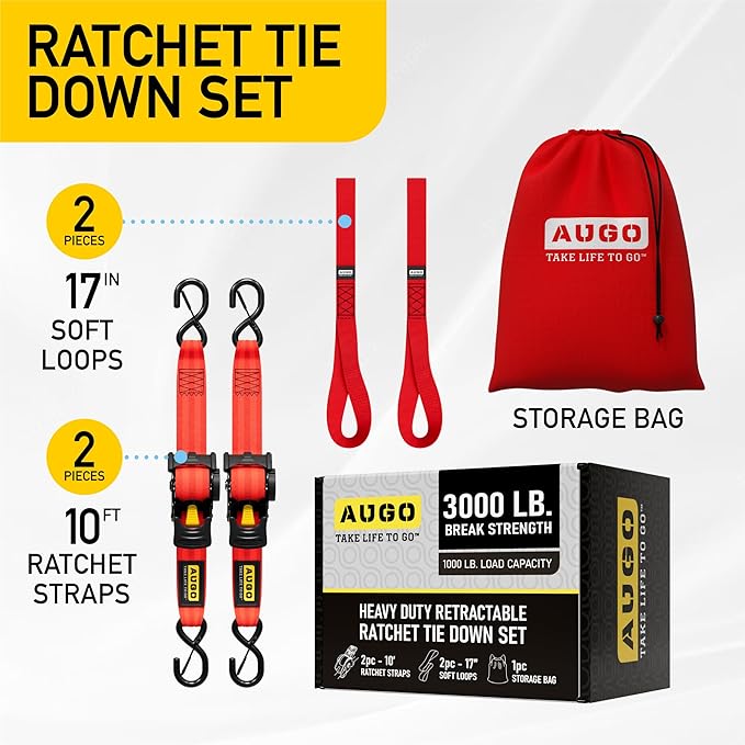 AUGO Retractable Ratchet Straps | 2 Heavy Duty Ratchet Straps Self Retractable Tie Downs with Soft Loops & Storage Bag for Motorcycle, Truck, Trailer, Cargo Van | 3000 Lb Break Strength 2” x 10’