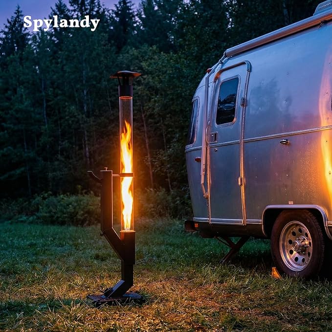 Wood Pellet Patio Pit, Portable Gravity Feed Outdoor Heater with Glass Tube Flame, Smokeless Non-Electric Rocket Pit for Backyard, Deck, Camping & RV (Black) (64" Wheels)