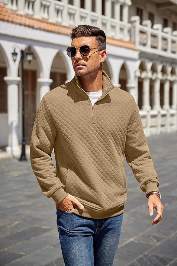 COOFANDY Mens Quarter Zip Pullover Quilted Sweatshirt Knit Long Sleeve Mock Neck Sweater Polo with Pocket