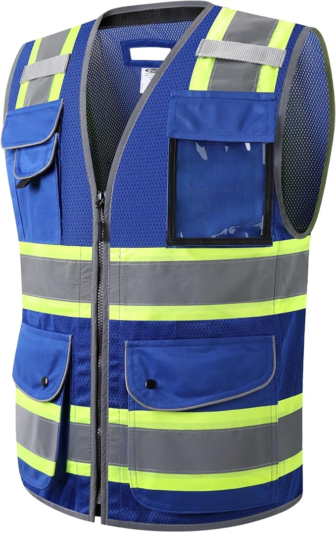 JKSafety 11 Pockets Hi-Vis Blue Mesh Safety Vest for Men Women High Visibility Reflective Construction with Zipper Work Utility PPE Work Gear ANSI/ISEA compliant (102-Blue XXL)
