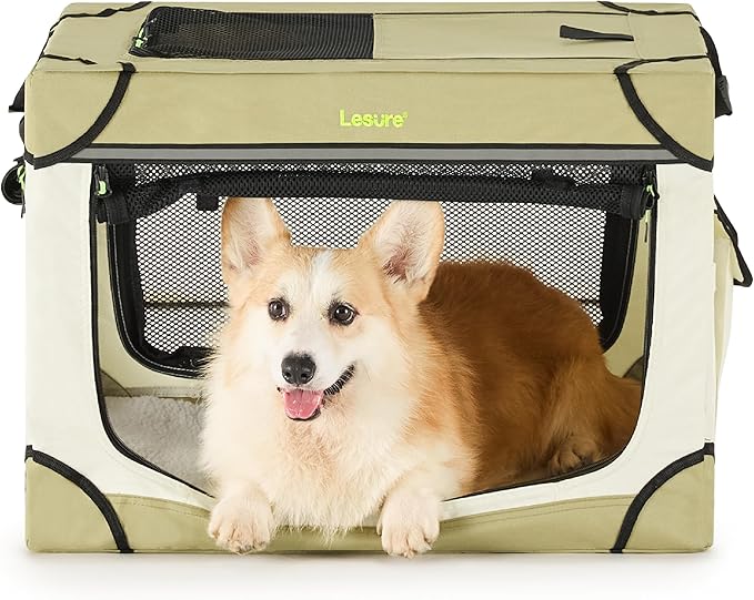 Lesure Shown on TODAY Show Soft Collapsible Dog Crate - 26 Inch Portable Travel Crate for Small Dogs Indoor & Outdoor, 4-Door Foldable Pet Kennel with Mesh Windows, Beige