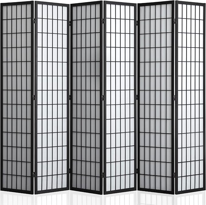 WelFurGeer 6 Panel Shoji Screen Room Divider, Folding Privacy Screens, Room Partitions and Dividers, Decorative Room Dividers, Wall Dividers for Room Separation, Japanese Room Divider for Home (Black)