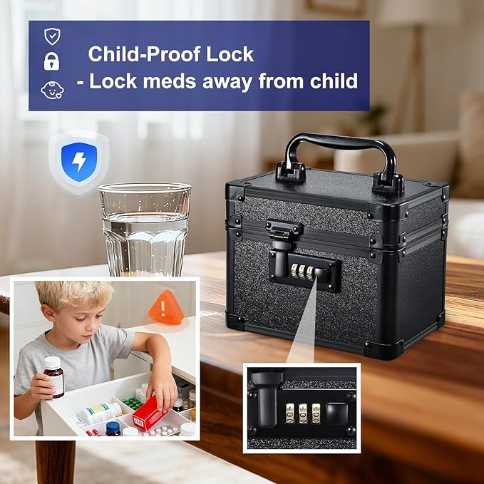 Adazzo Lockable Medicine Storage Box - Shiny Black Cabinet Med Lock Organizer, 7 * 5.25 * 5.75 Inches Safe Case with Combination Lock for Home, Dorm, Office, or Travel - Mini Size