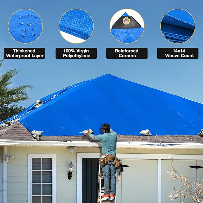 Tarp 10x12 Feet 14 Mil Heavy Duty Waterproof Tarp, Large Multipurpose Cover with Brass Grommets and Reinforced Edges, UV Resistant Thick Poly Tarps for Outdoor Camping Tent Pool Car, Blue