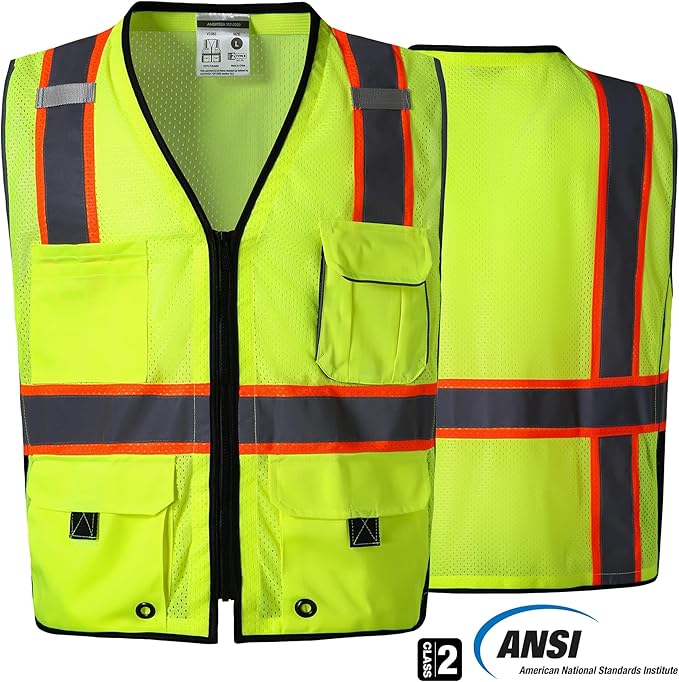 SKSAFETY 10 Pockets Professional Safety Vest - Class 2 High Visibility Vest, Hi Vis with Reflective Strips - ANSI/ISEA Standard, Construction Work Vest (Lime, 2XL)