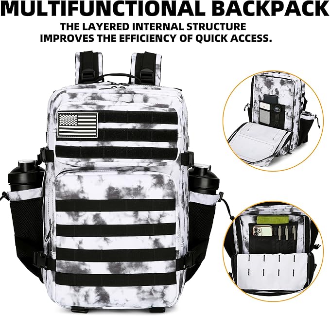 45L Tactical Assault Backpack 3 day assault pack with Molle Waterproof backpack Rucksack for Tactical Backpacks (BlackWhite Camo)