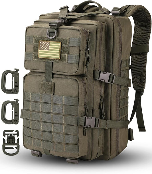 MOLLE Assault Backpack, Tactical Backpack Military Army Camping Rucksack, 3-Day Pack Trip w/USA Flag Patch, D-Rings, Olive