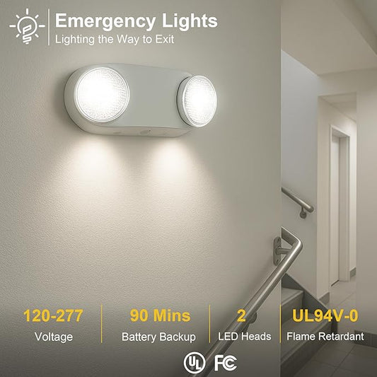GRUENLICH LED Emergency Light with Battery Backup, 2 Adjustable Bug Eye Heads Lights, US Standard, AC 120-277V, Hardwired Commercial Emergency Exit Light for Business, 12-Pack