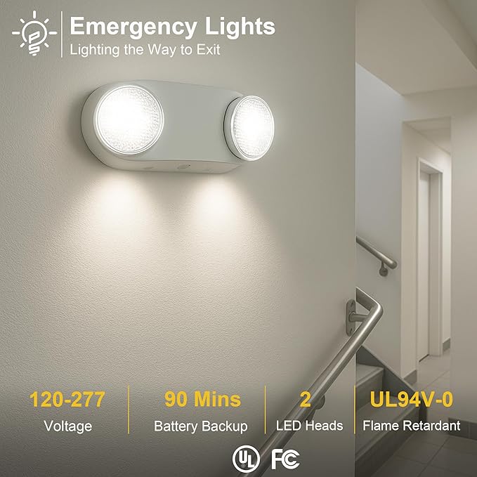 GRUENLICH LED Emergency Light with Battery Backup, 2 Adjustable Bug Eye Heads Lights, US Standard, AC 120-277V, Hardwired Commercial Emergency Exit Light for Business, 4-Pack