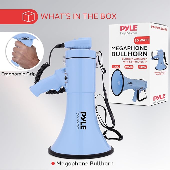 Pyle 50W Megaphone Bullhorn - Portable, Automatic Siren & Adjustable Volume, Projection Range Up to 1200 Square Yards, Aux Input, Talk, Siren, Music, Whistle, & Record, Shoulder Strap (Black)