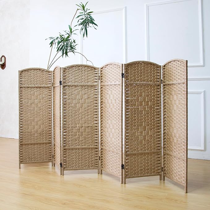 6 Panel Rattan Divider Short Room Partition Screen,Double Sided Folding Divider for Room Separation,Light Brown,47.2" H x 94.5" W