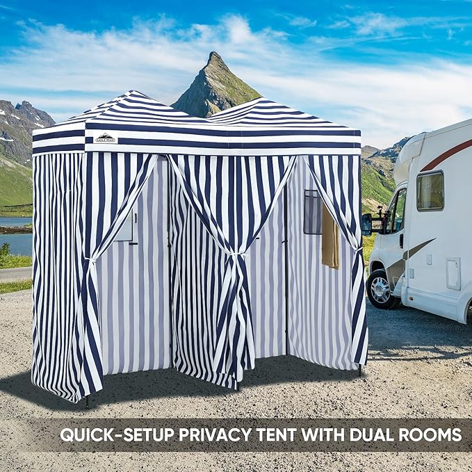 EAGLE PEAK Outdoor Changing Room 8x4, 2 Room Pop Up Portable Changing Room, Sun Shelter, Pop Up Changing Tent for Beach or Pool,Portable Dressing Room for Photoshoots (White/Blue)