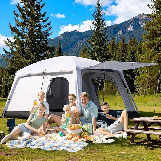 8-10 Person Camping Tent, Large Family Cabin Tents with Porch & Rainfly, Double Layer Waterproof Glamping Tent with 2 Rooms 3 Doors, Portable Big Tents for Outdoor Camping Hiking Party