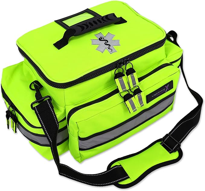 Lightning X Medium First Responder EMT Bag | LXMB25 | w/Reflective, Shoulder Strap & Zippered Compartments for First Aid + Trauma Supplies - Fluorescent Yellow