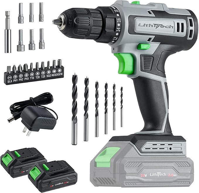 Cordless Drill Set, 20V Power Drill with Battery 2.0Ah and Charger, 2 Batteries, 3/8-Inch Keyless Chuck Electric drill, 18+1 Position, 2 Variable Speed, 380 In-lb Torque (Green)
