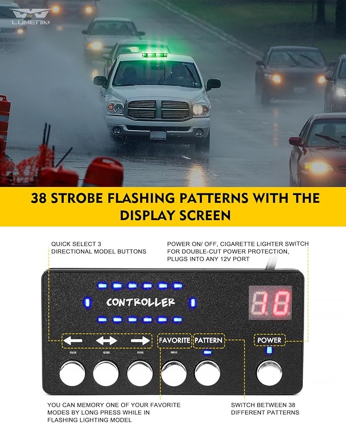 LUMENIX Rooftop Strobe Beacon Lights White Green LED Emergency Flashing Warning Caution Traffic Light Bar for Law Enforcement POV Vehicles Snowplow Trucks - American Flag Pattern | Patented Design