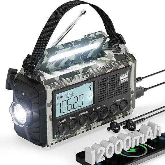 Emergency Radio, Real 12000mAh Long Lasting, Hand Crank for Emergency Power, AM/FM/SW/ 7 NOAA Weather Bands,SOS, Cell Phone Charger, Bright Flashlight, Portable Solar Radio for Outdoor/Survival Kit