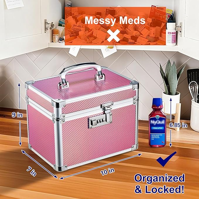 Adazzo Lockable Medicine Storage Box - Shiny Pink Cabinet Med Lock Organizer, 10 x 7 x 9 Inches Safe Case with Combination Lock for Home, Dorm, Office, or Travel