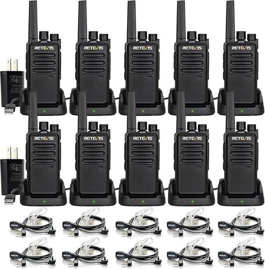 Retevis RT68 Two-Way Radios Long Range, Walkie Talkies for Adults, 2 Way Radio with Earpiece, Walkie Talkie Rechargeable with Charging Base, for Manufacturing Restaurant Business School(10 Pack)