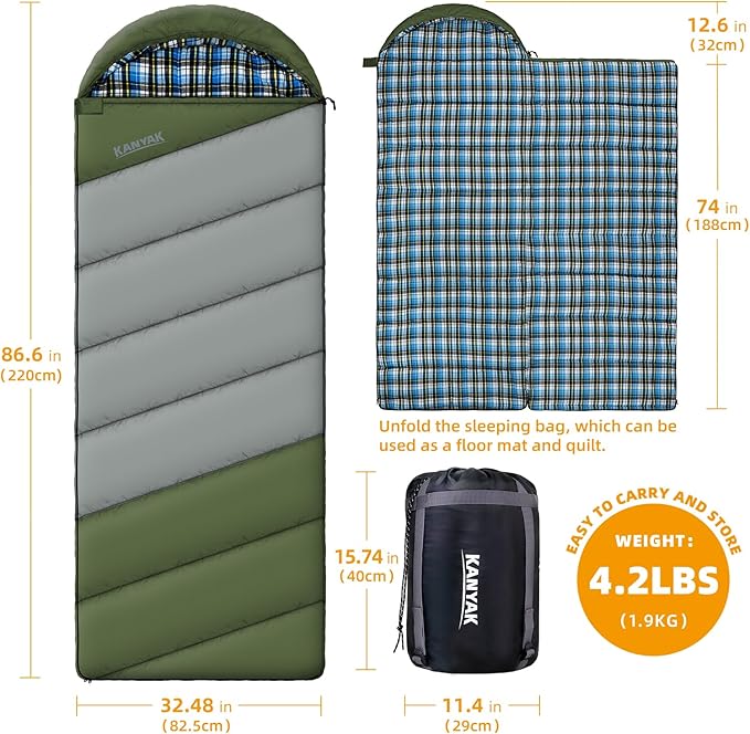 Cotton Flannel Lined Sleeping Bag for Adults Teens Kids, Cold Weather & Warm, 3 Seasons, Lightweight Compact Camping Essentials Equipment, Hiking, Outdoor, Travel