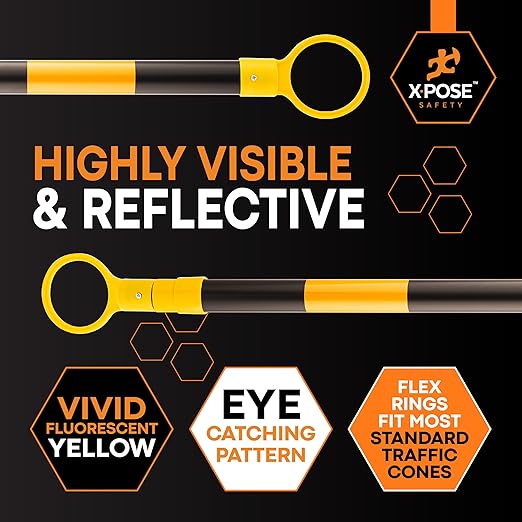 Retractable Barrier for Safety Traffic Cones - 2" OD - Large Yellow and Black Bar Barricade - for Road Construction, Parking, Warning, Temporary Security Divider (6, Yellow & Black, 53" x 84")