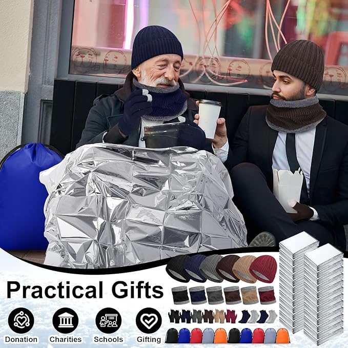 336 Pack Homeless Care Package Supplies Bulk Care Kit for Winter Beanie Gloves Sock Drawstring Bags Blankets for Women Men Gift (Gray and Navy Blue)