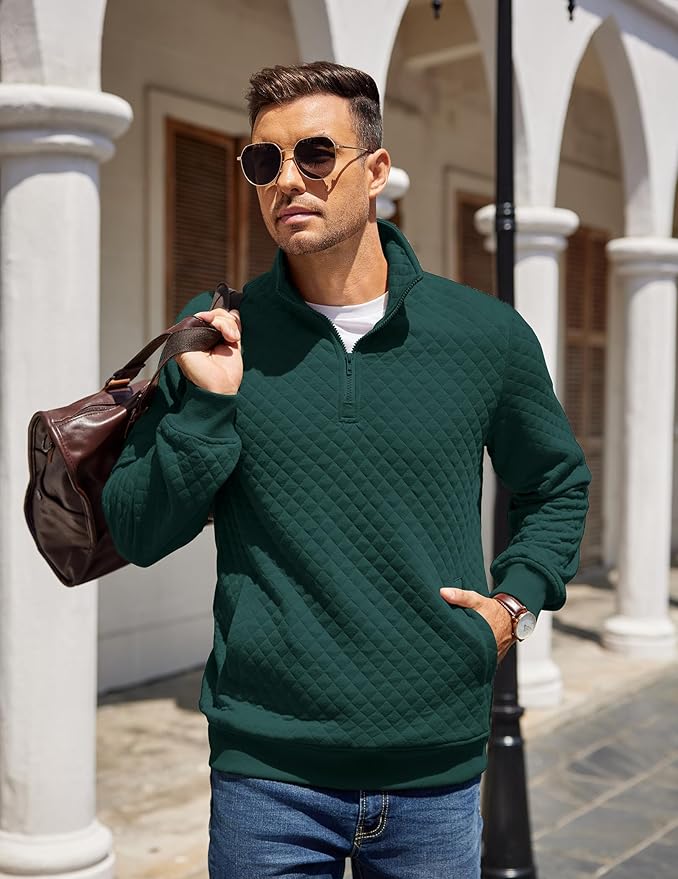 COOFANDY Mens Quarter Zip Pullover Quilted Sweatshirt Knit Long Sleeve Mock Neck Sweater Polo with Pocket