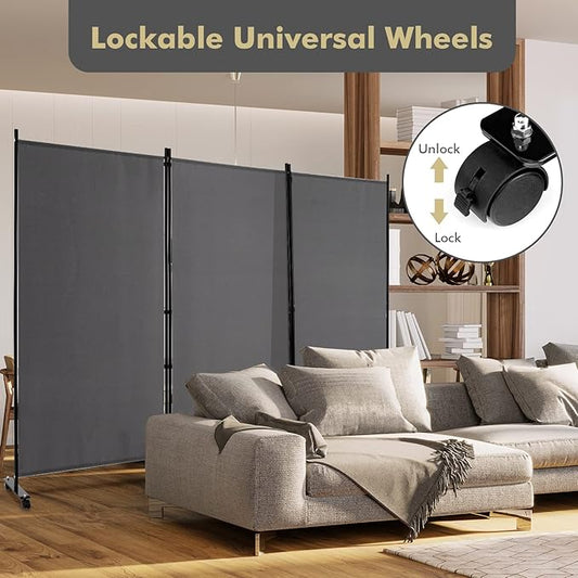 Giantex 3 Panel Room Divider with Wheels, 103''W x 71''H Folding Privacy Screen, Rolling Partition Room Dividers for Home Office Studio, Freestanding Fabric Wall Divider for Room Separation, Gray