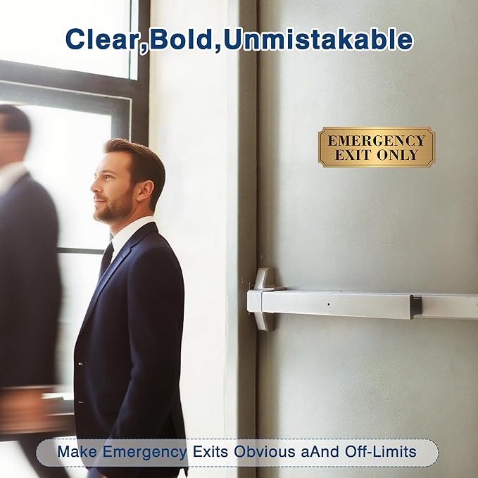 2PCS Emergency Exit Only Signs Sticker，Self Adhesive Water & Fade Resistant Black Gold Exit Only in Emergency Sign for Business, Schools, Offices, Storage Rooms, Hospitals